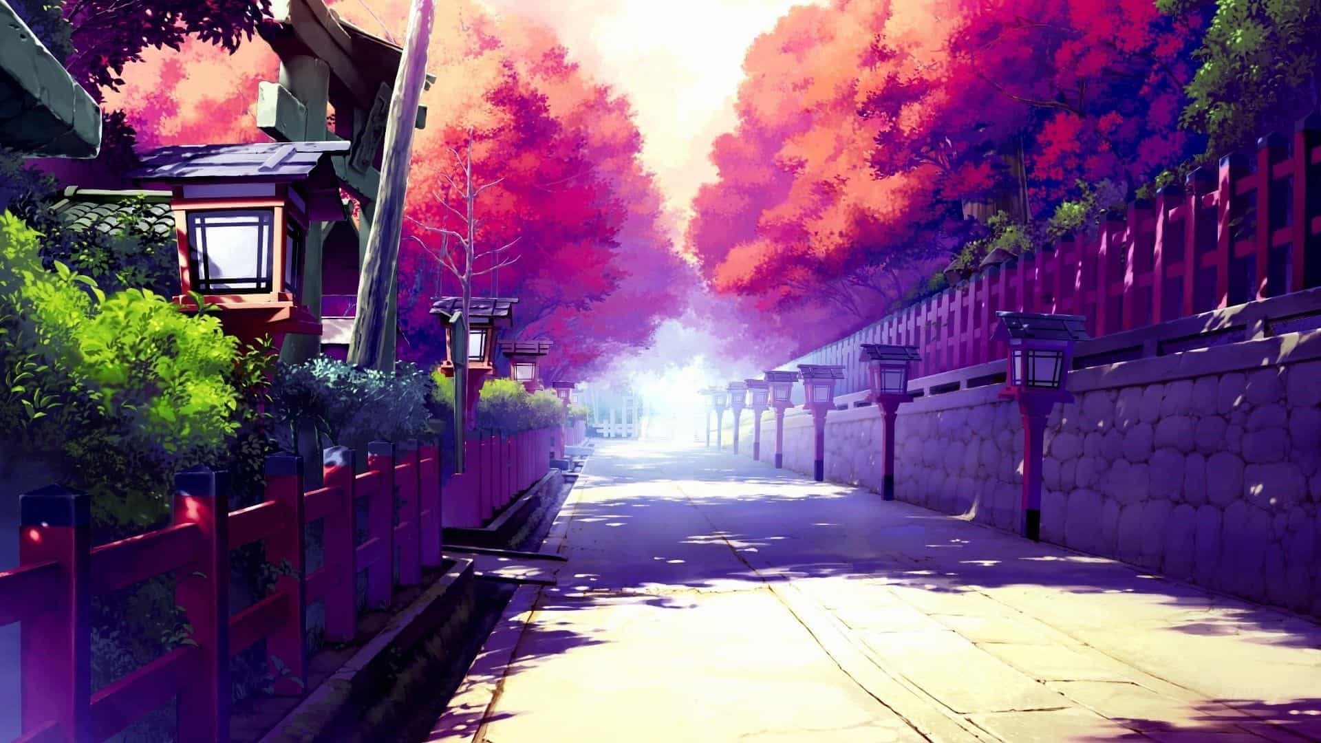 japanese street in purple hues anime style