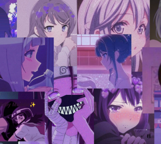 anime girls collage in purple hues